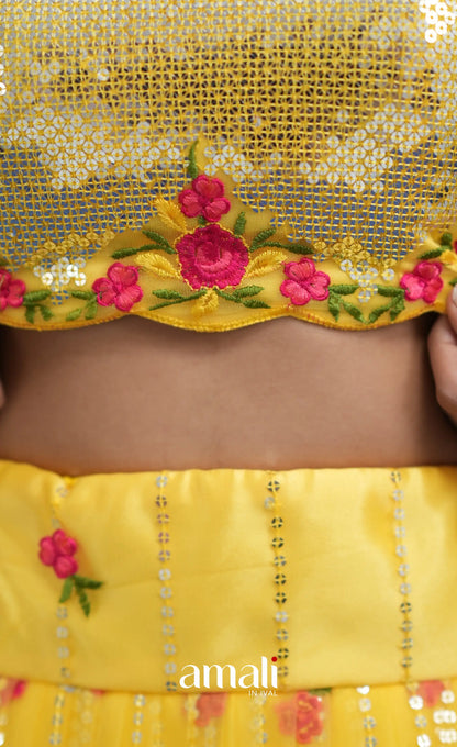 Coral Yellow Net Lehenga crop top and skirts
