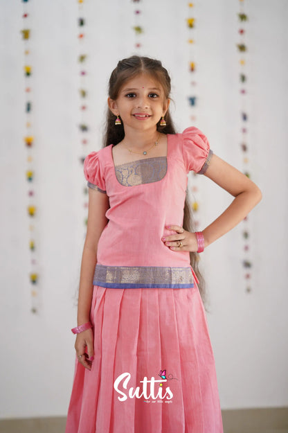 Cotton Pavadai Sattai - Baby Pink &amp; Blue Kids-Suttis