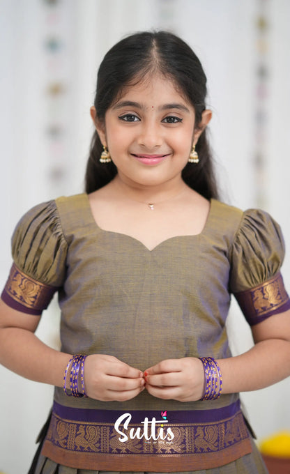 Cotton Pavadai Sattai Brownish grey and dark plum Kids Suttis