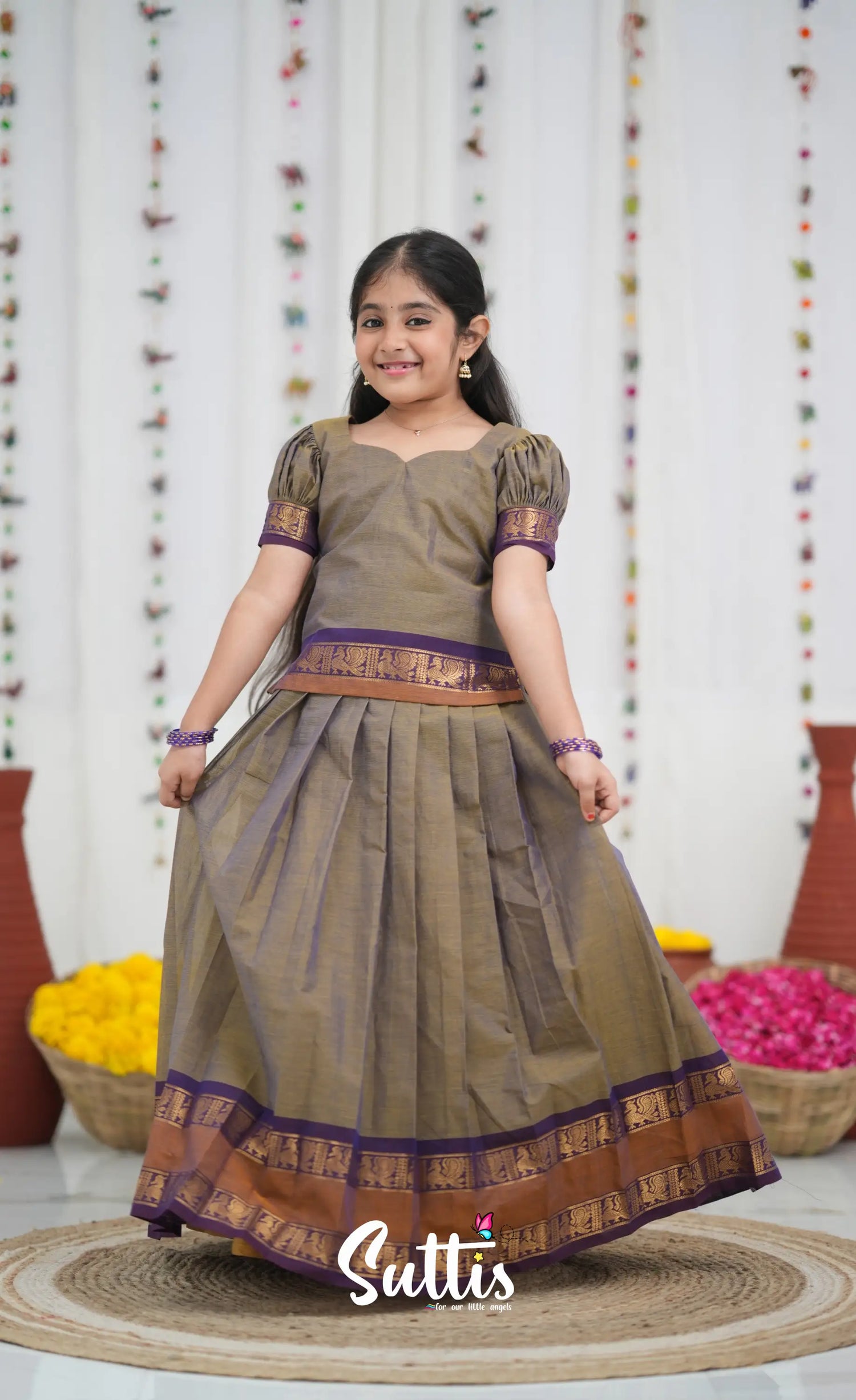 Cotton Pavadai Sattai Brownish grey and dark plum Kids Suttis