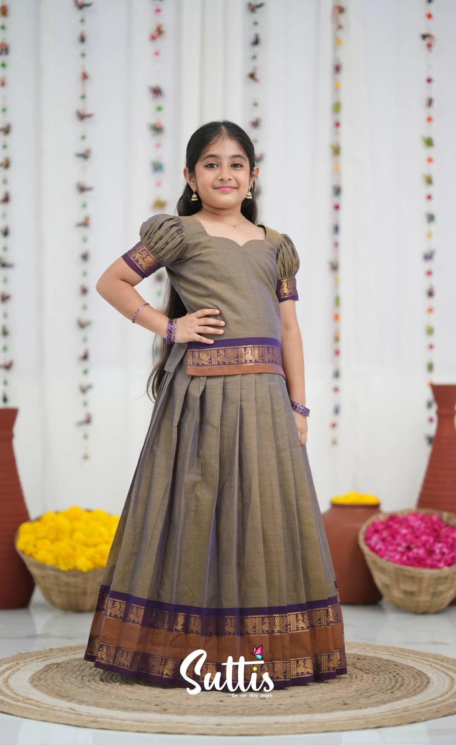 Cotton Pavadai Sattai Brownish grey and dark plum Kids Suttis