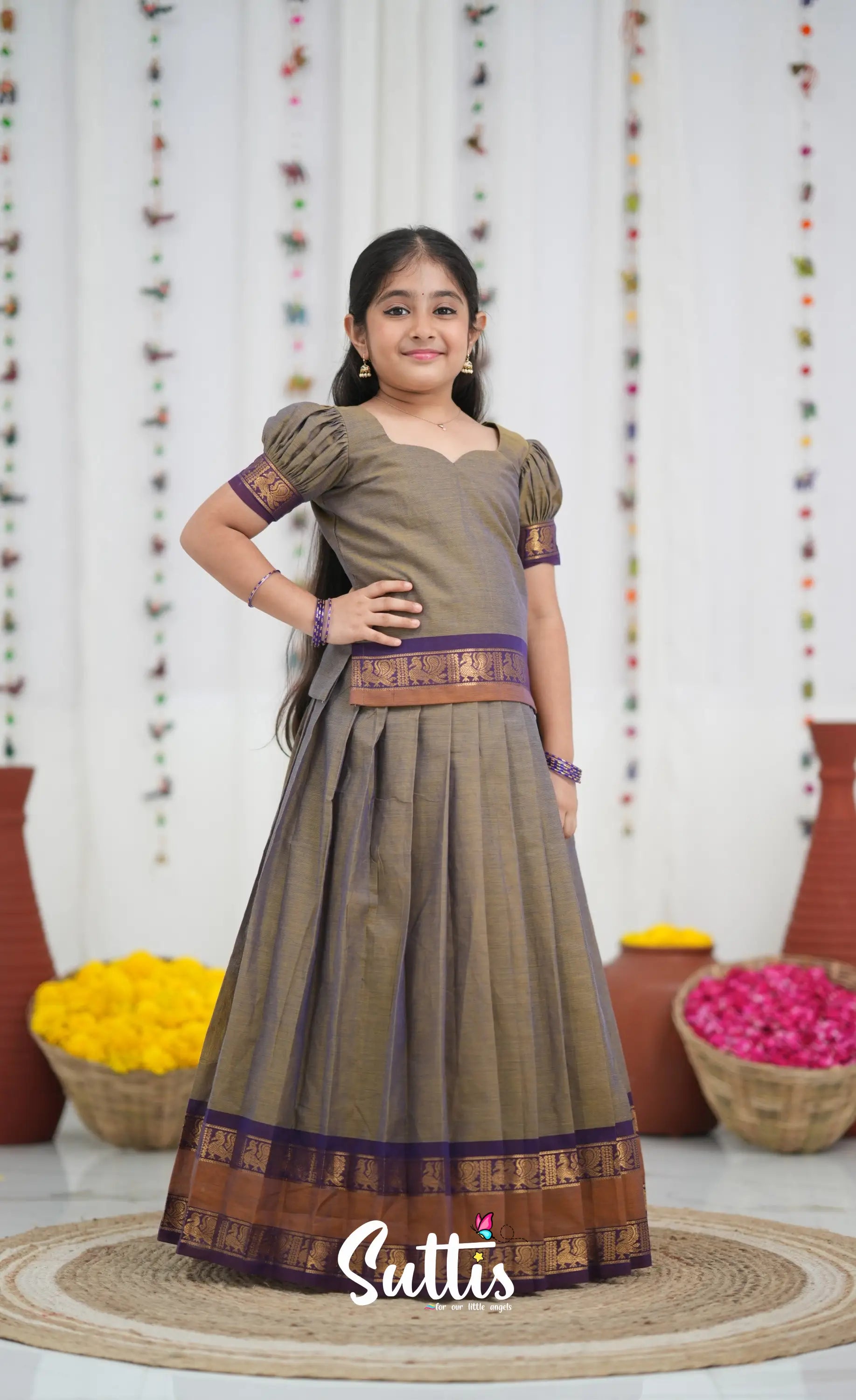 Cotton Pavadai Sattai Brownish grey and dark plum Kids Suttis
