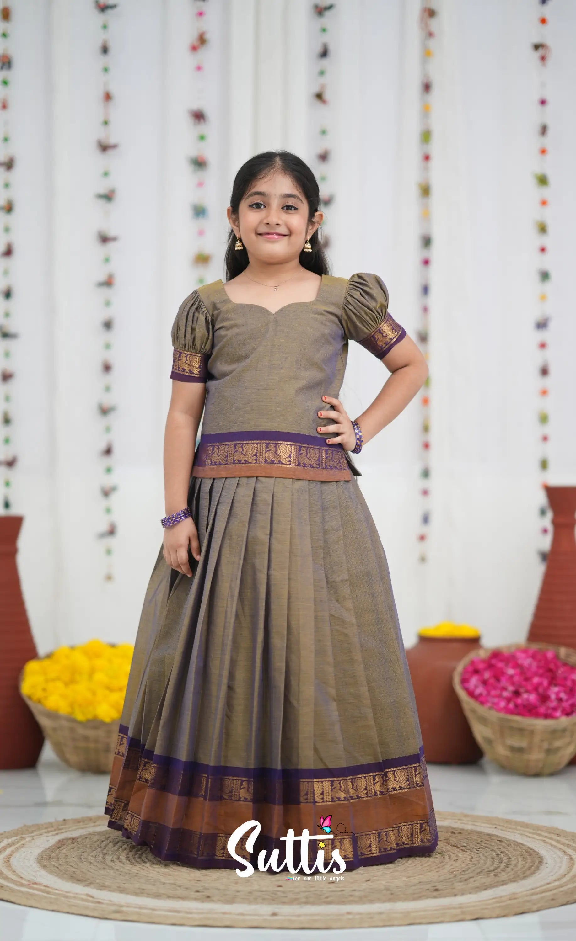 Cotton Pavadai Sattai Brownish grey and dark plum Kids Suttis