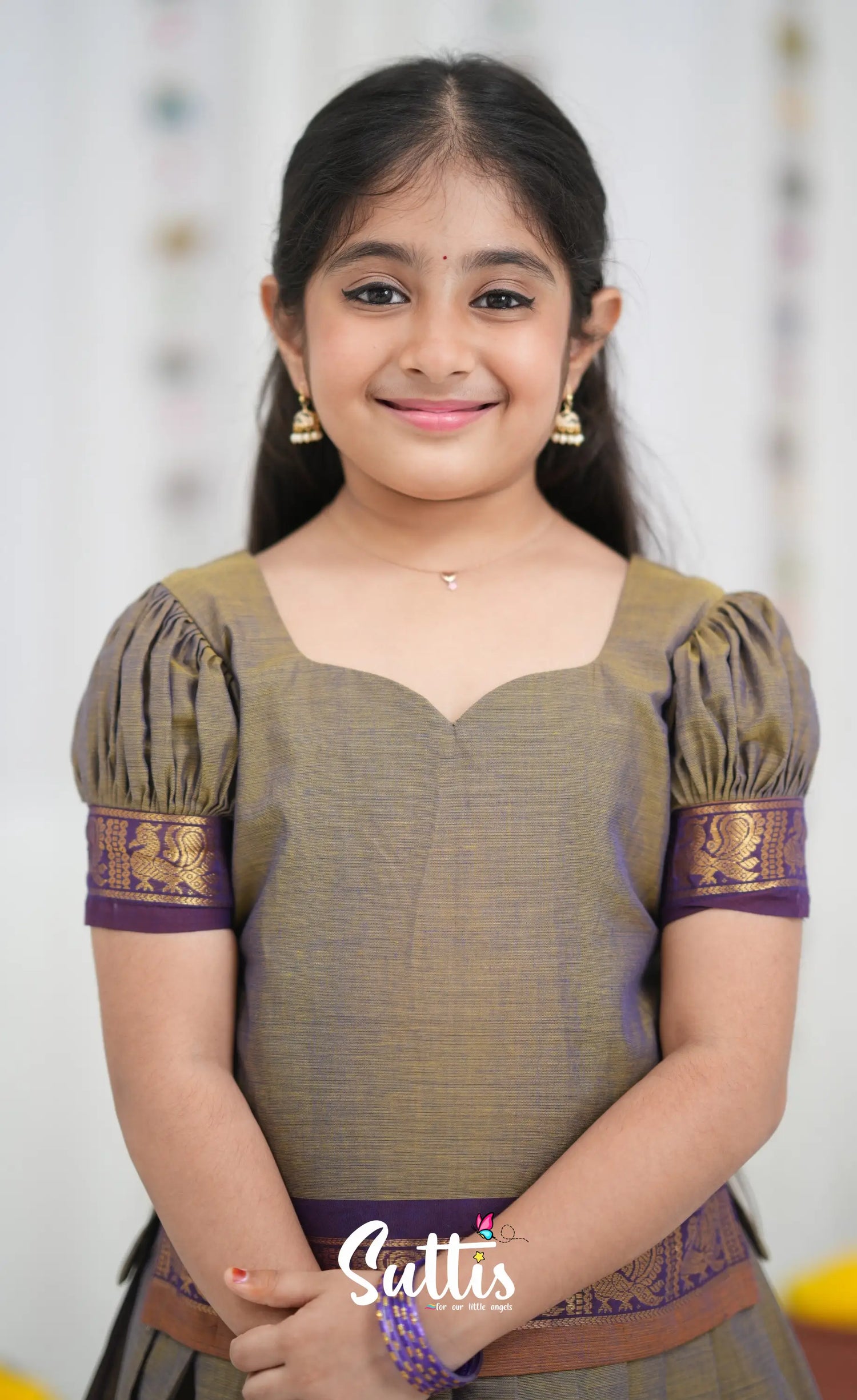 Cotton Pavadai Sattai Brownish grey and dark plum Kids Suttis