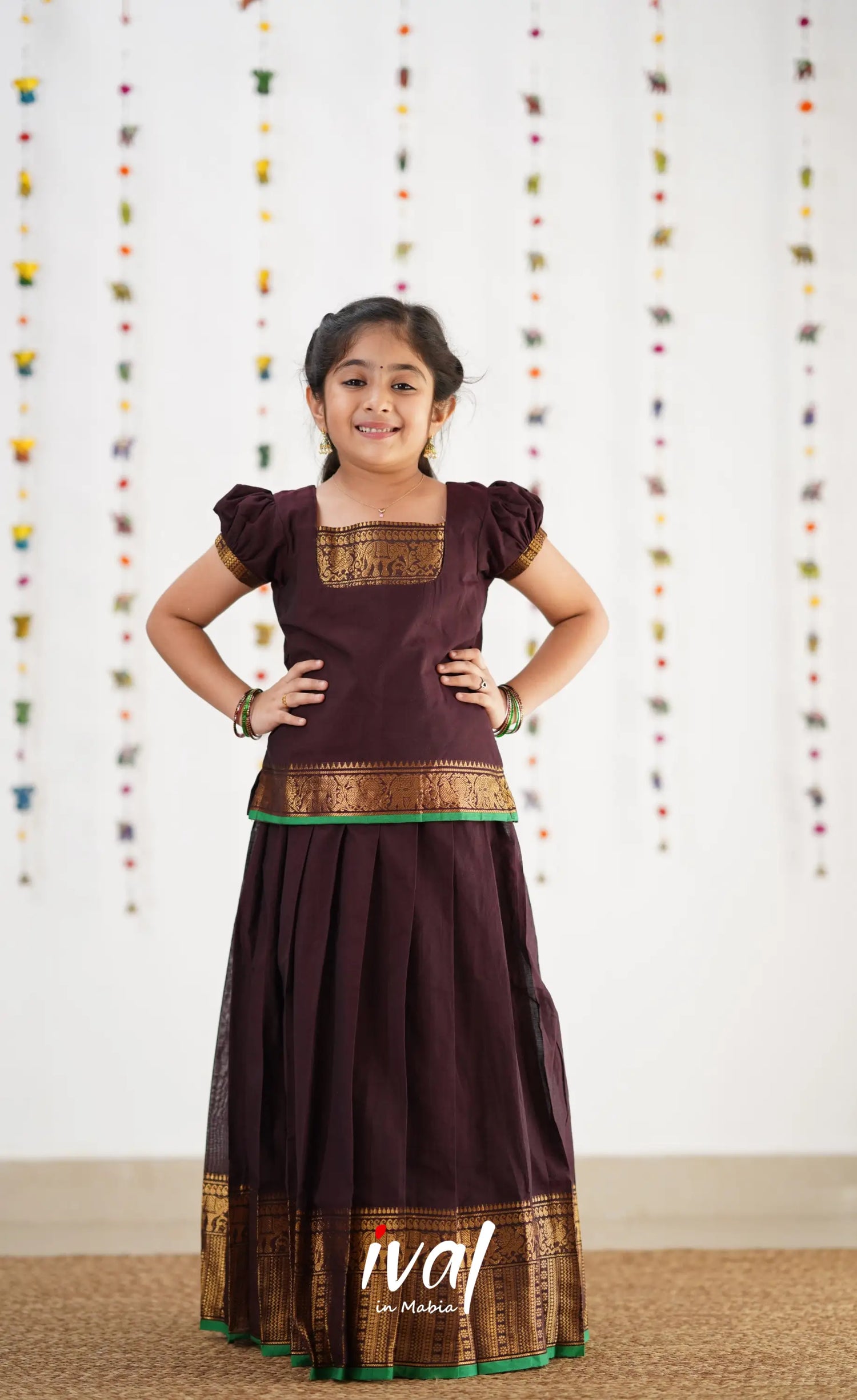 Cotton Pavadai Sattai - Dark Brown &amp; Gree Kids-Suttis