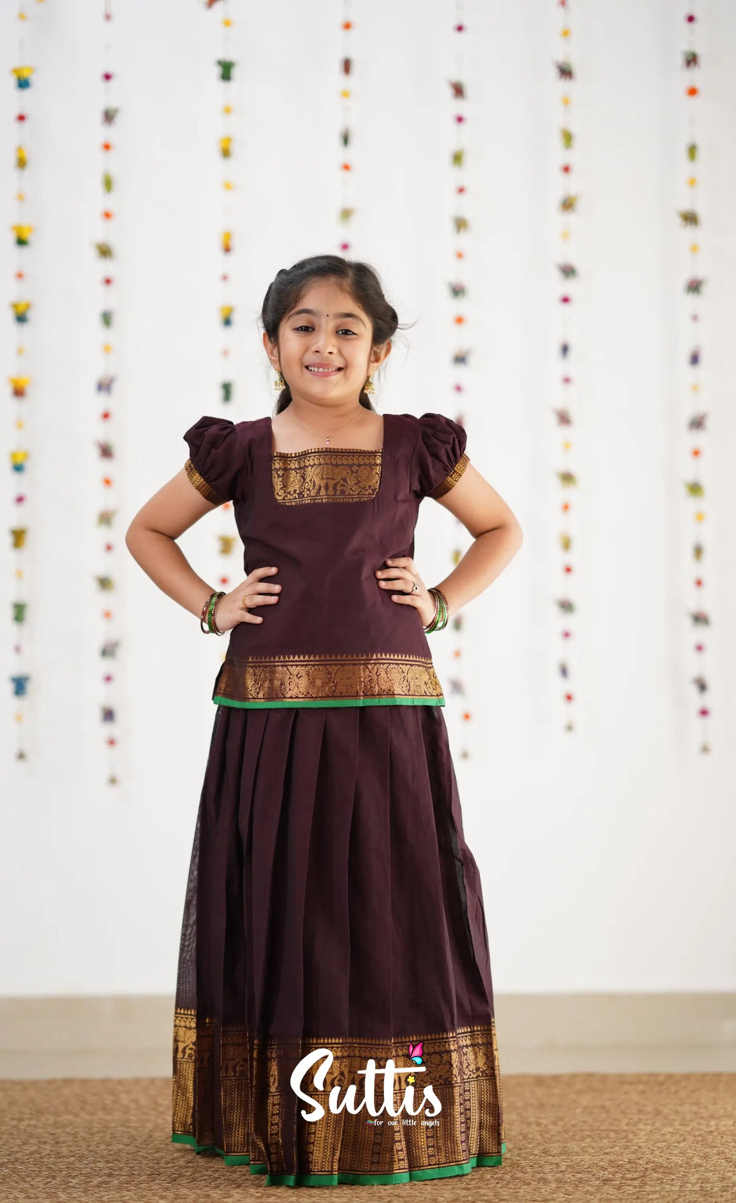 Cotton Pavadai Sattai - Dark Brown &amp; Gree Kids-Suttis