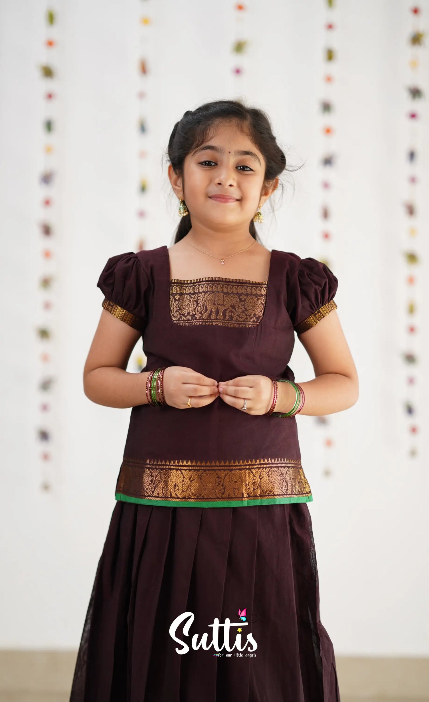 Cotton Pavadai Sattai - Dark Brown &amp; Gree Kids-Suttis