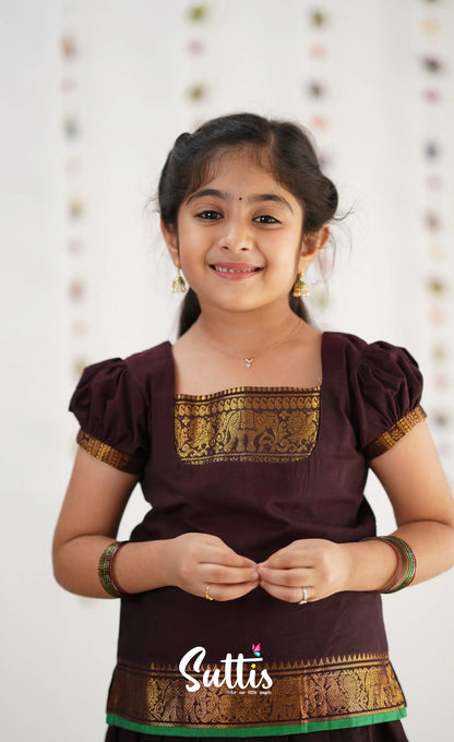 Cotton Pavadai Sattai - Dark Brown &amp; Gree Kids-Suttis