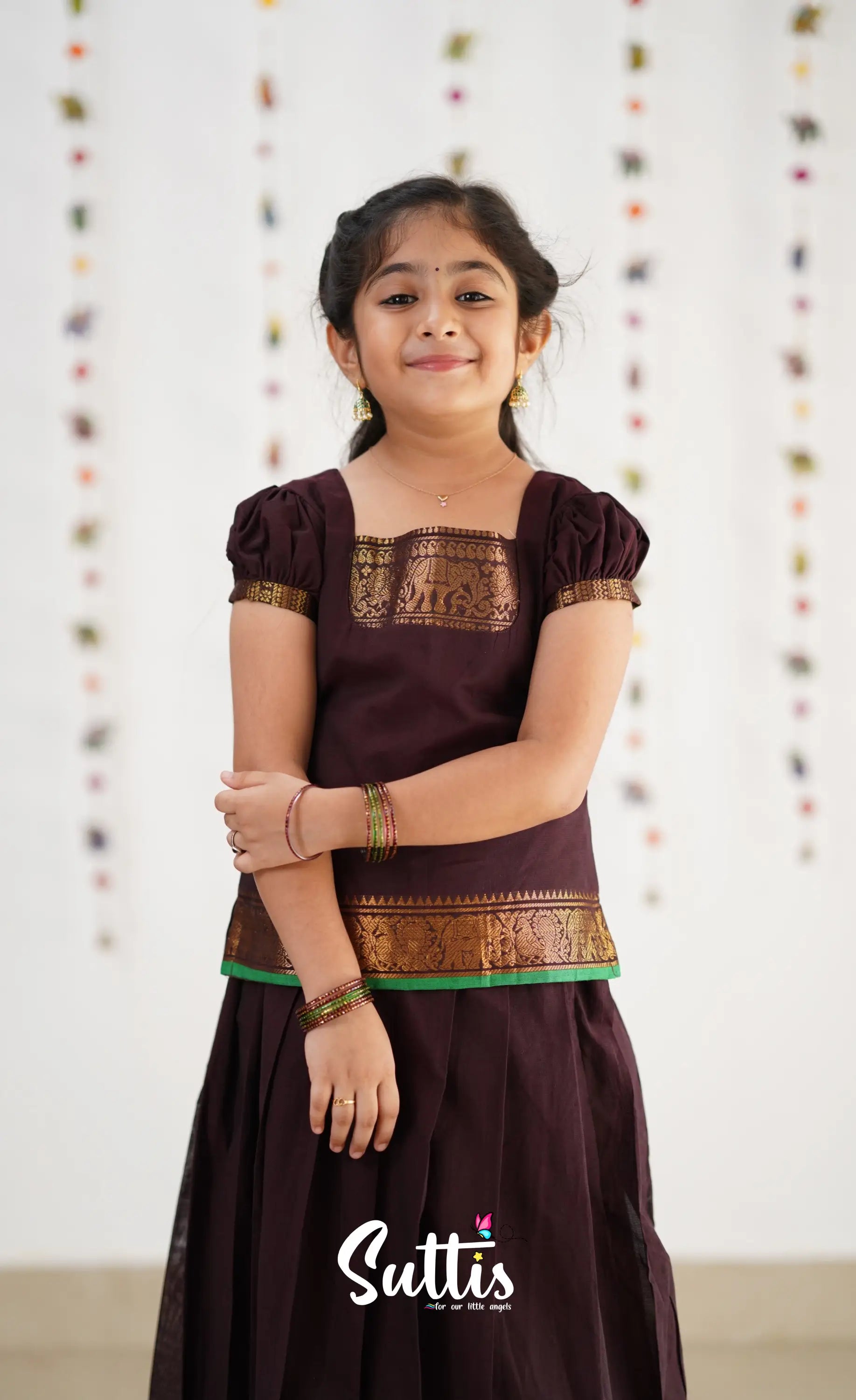 Cotton Pavadai Sattai - Dark Brown &amp; Gree Kids-Suttis