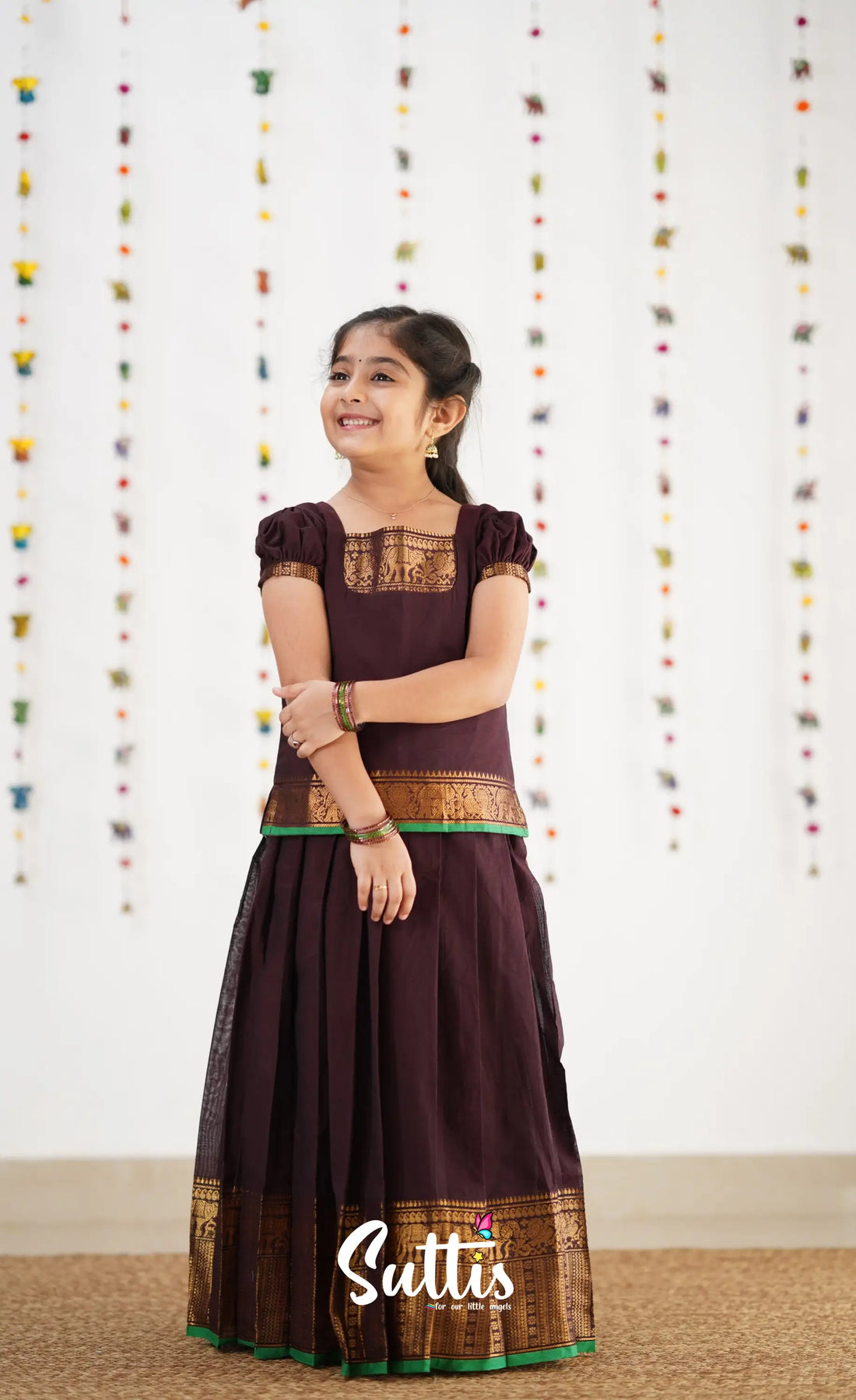 Cotton Pavadai Sattai - Dark Brown &amp; Gree Kids-Suttis