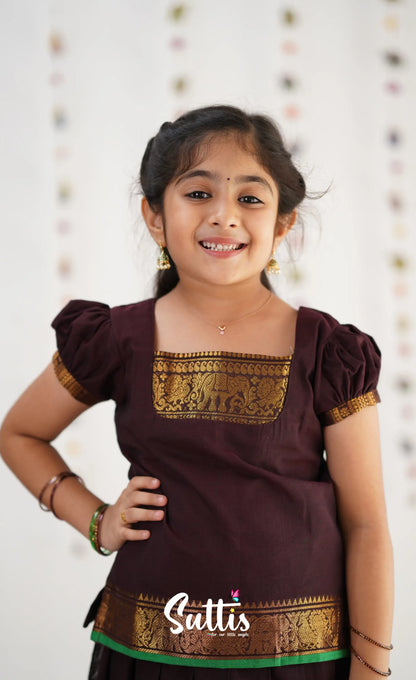 Cotton Pavadai Sattai - Dark Brown &amp; Gree Kids-Suttis