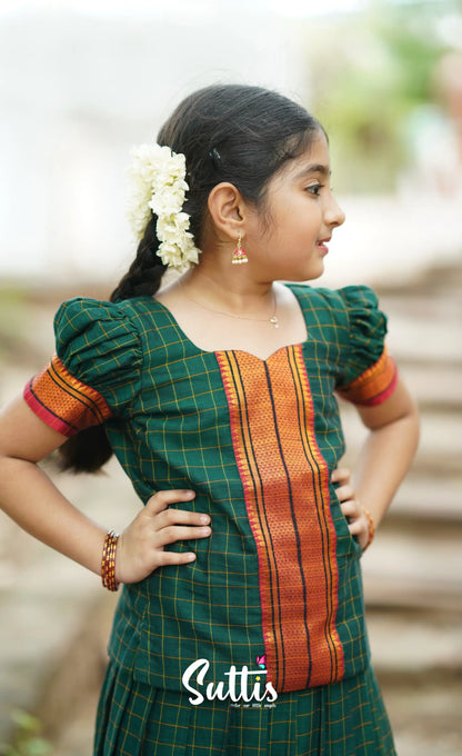 Cotton Pavadai Sattai - Dark Green Kids-Suttis