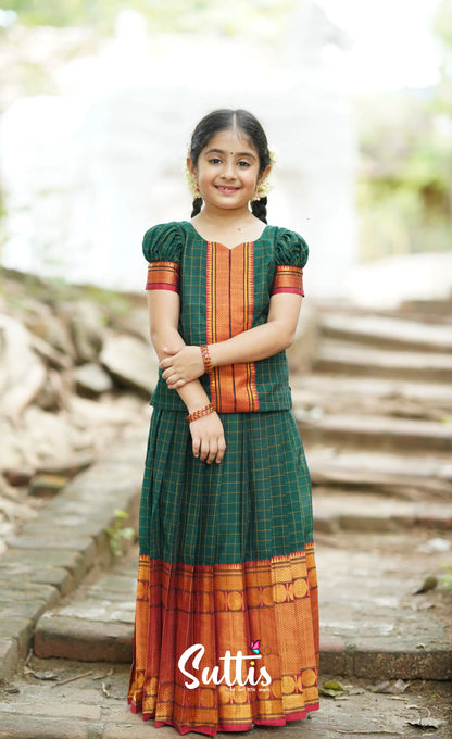 Cotton Pavadai Sattai - Dark Green Kids-Suttis