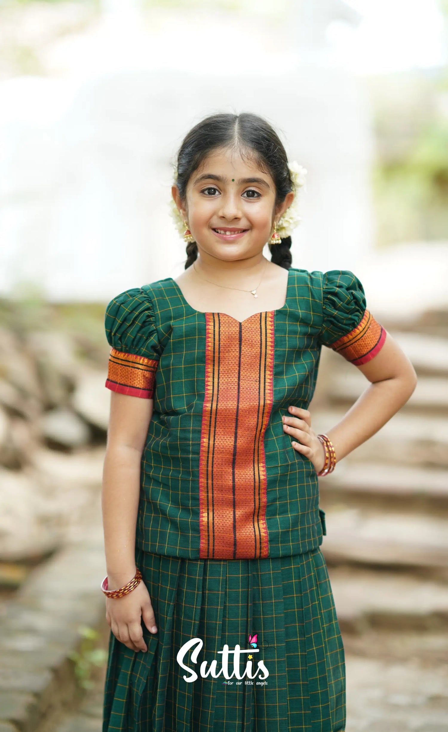 Cotton Pavadai Sattai - Dark Green Kids-Suttis