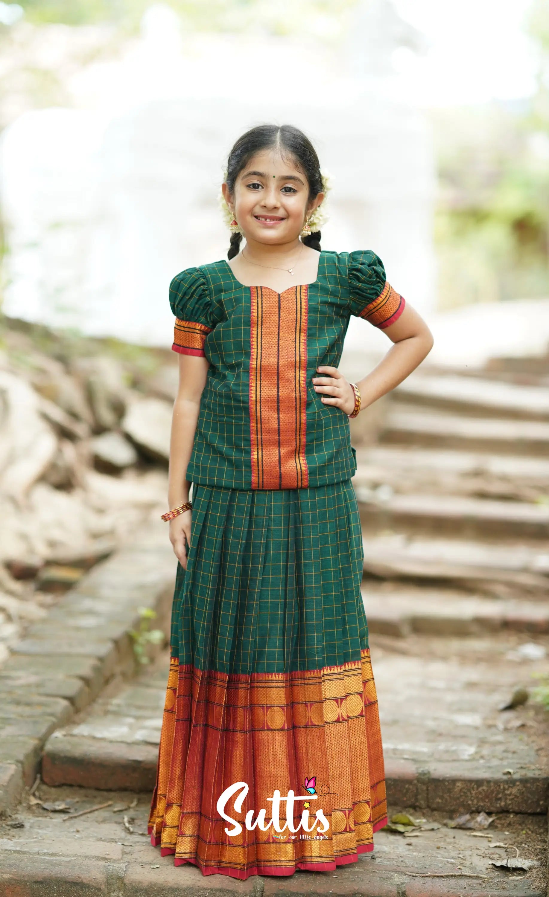 Cotton Pavadai Sattai - Dark Green Kids-Suttis