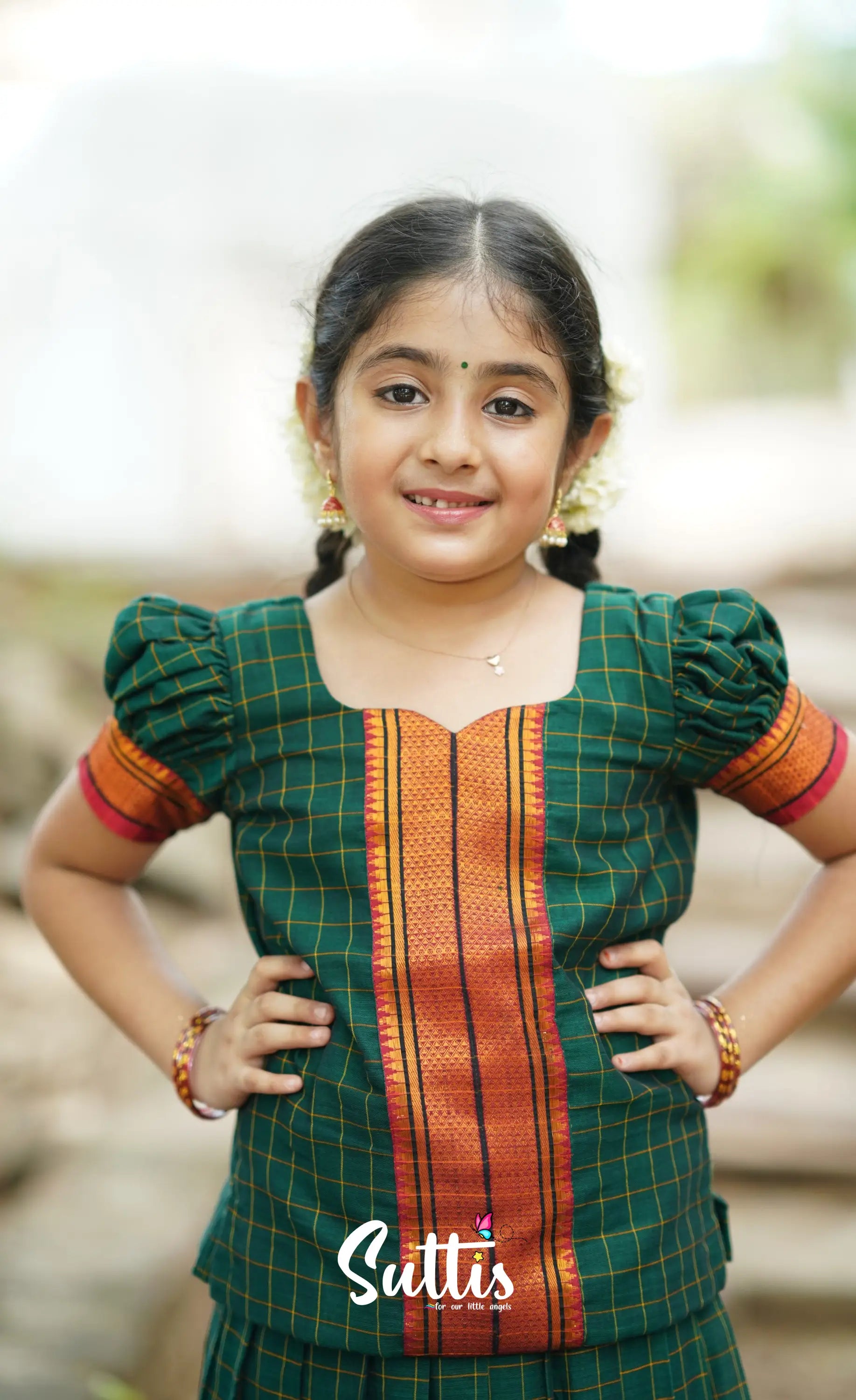 Cotton Pavadai Sattai - Dark Green Kids-Suttis