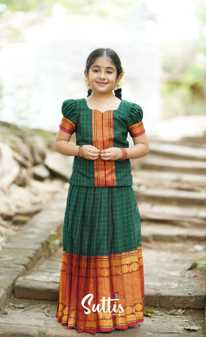 Cotton Pavadai Sattai - Dark Green Kids-Suttis