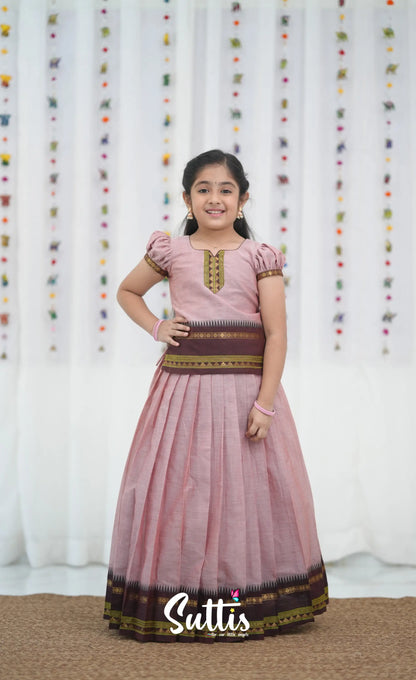 Cotton Pavadai Sattai - Dusky Pink and Brownish Maroon Kids-Suttis