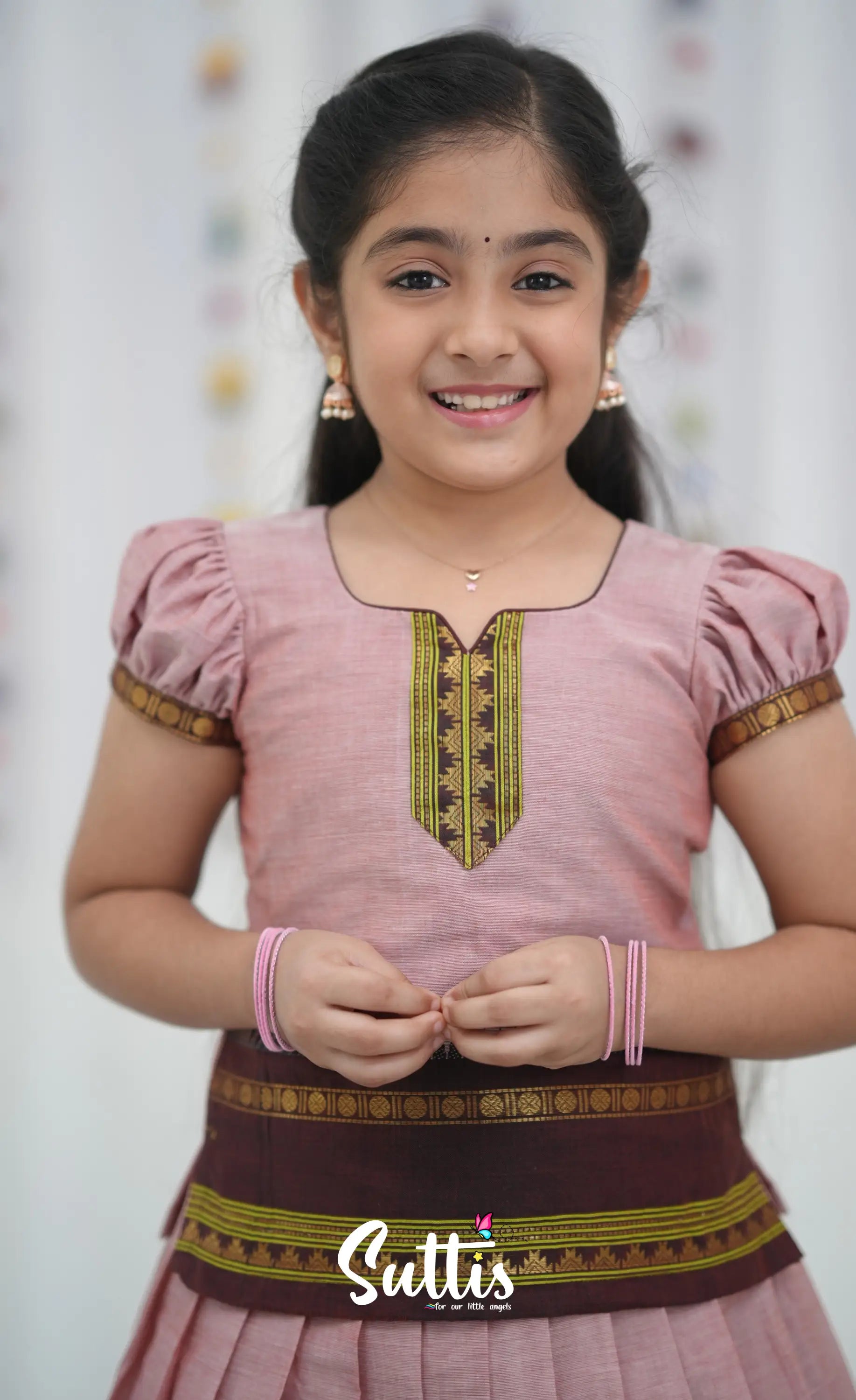 Cotton Pavadai Sattai - Dusky Pink and Brownish Maroon Kids-Suttis