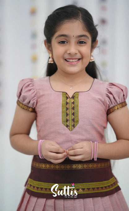 Cotton Pavadai Sattai - Dusky Pink and Brownish Maroon Kids-Suttis