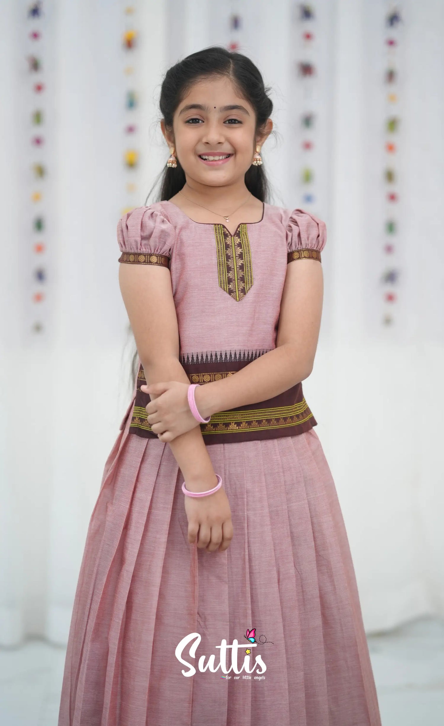 Cotton Pavadai Sattai - Dusky Pink and Brownish Maroon Kids-Suttis