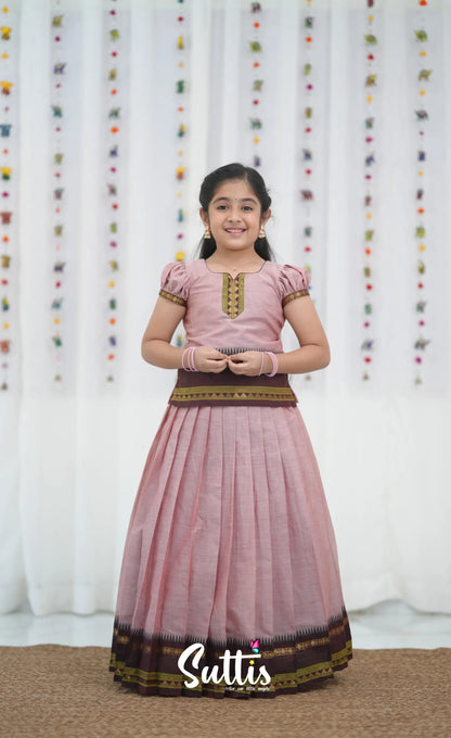 Cotton Pavadai Sattai - Dusky Pink and Brownish Maroon Kids-Suttis