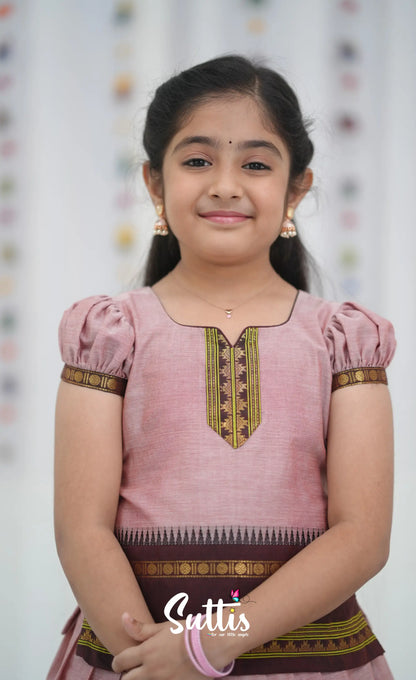 Cotton Pavadai Sattai - Dusky Pink and Brownish Maroon Kids-Suttis