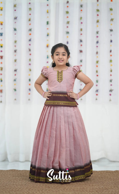 Cotton Pavadai Sattai - Dusky Pink and Brownish Maroon Kids-Suttis