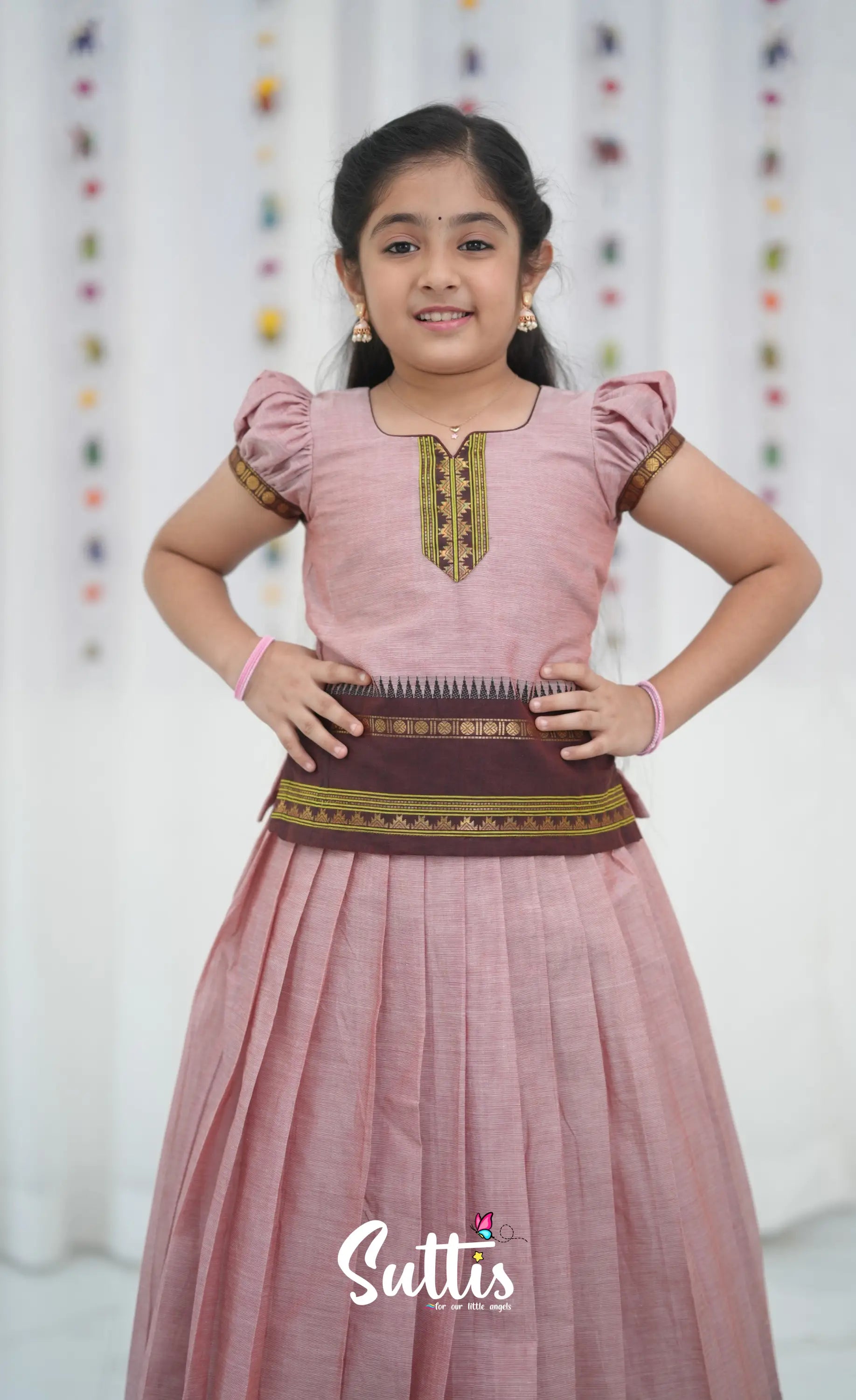 Cotton Pavadai Sattai - Dusky Pink and Brownish Maroon Kids-Suttis