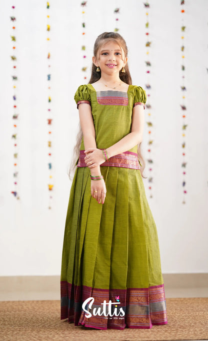 Cotton Pavadai Sattai - Green &amp; Magenta Kids-Suttis