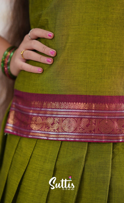 Cotton Pavadai Sattai - Green &amp; Magenta Kids-Suttis