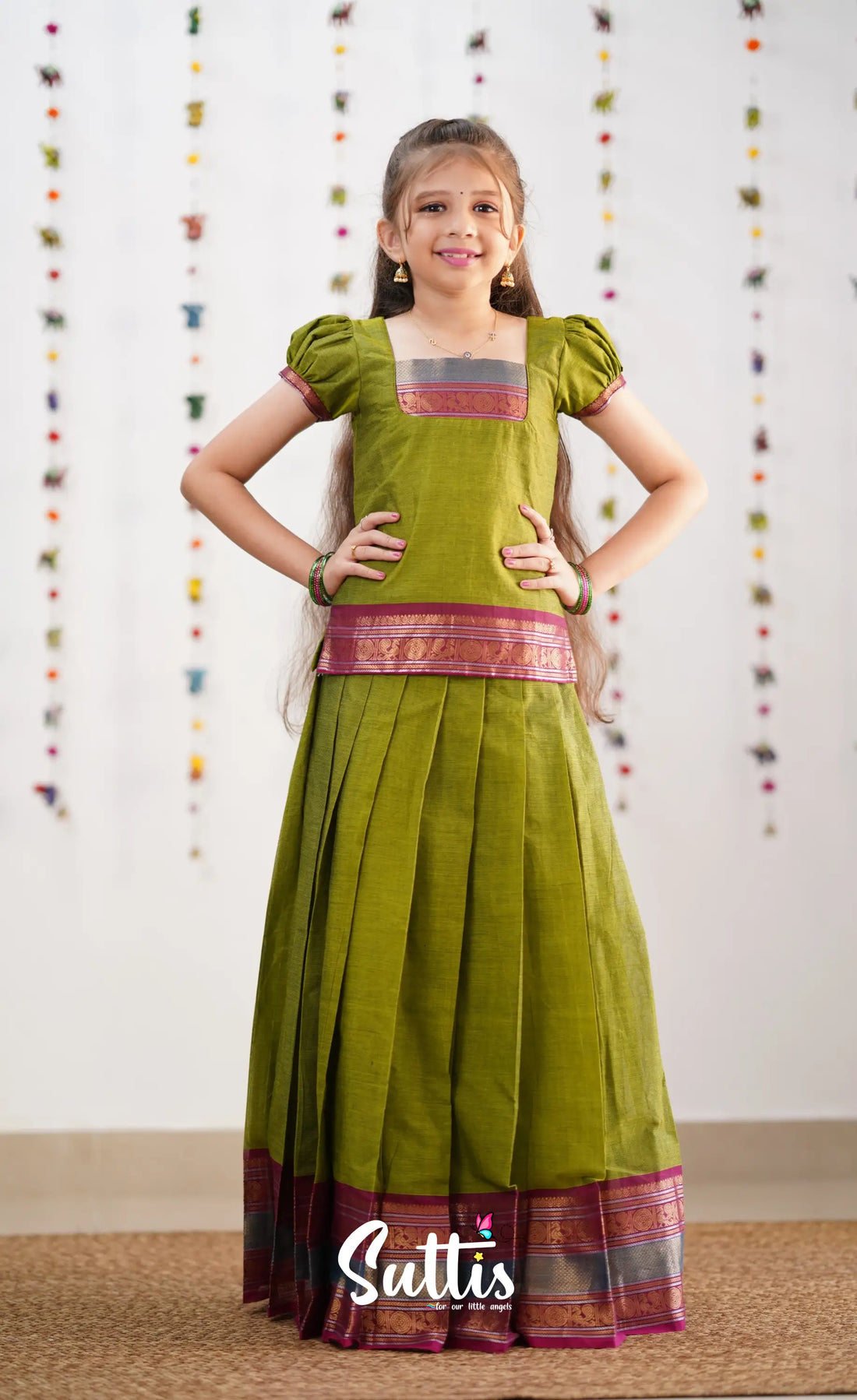 Cotton Pavadai Sattai - Green & Magenta Kids-Suttis