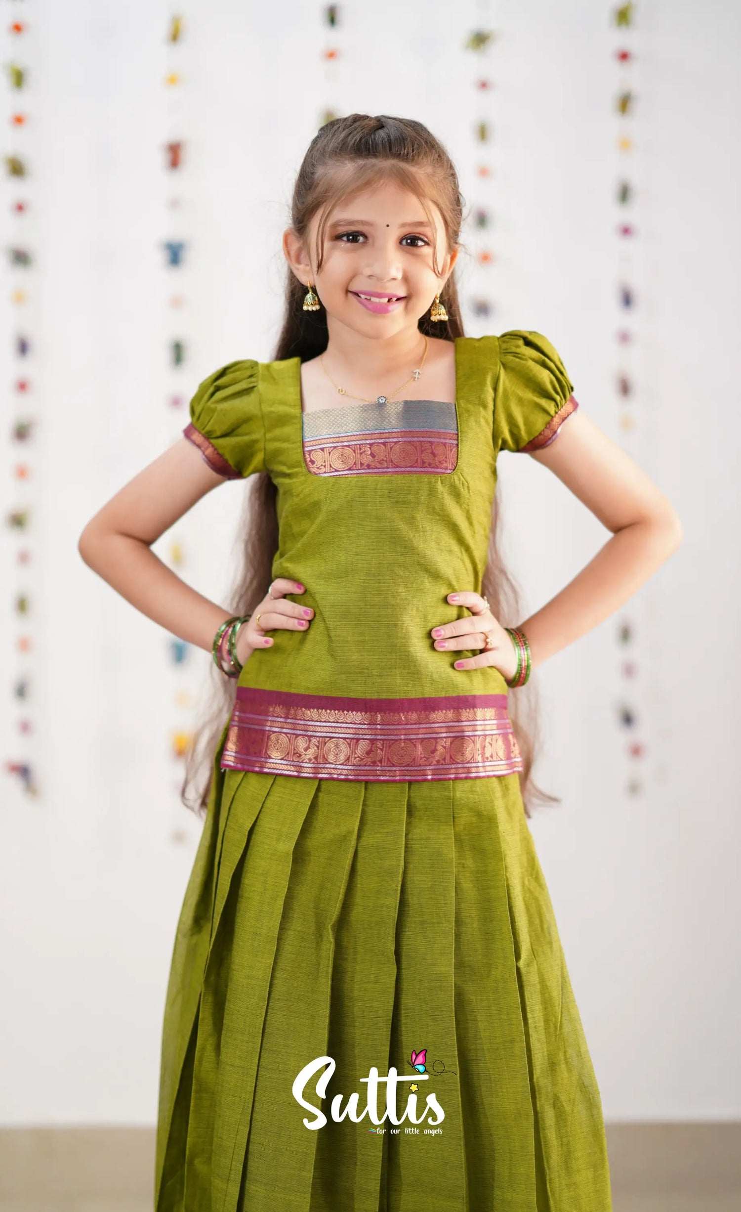 Cotton Pavadai Sattai - Green &amp; Magenta Kids-Suttis