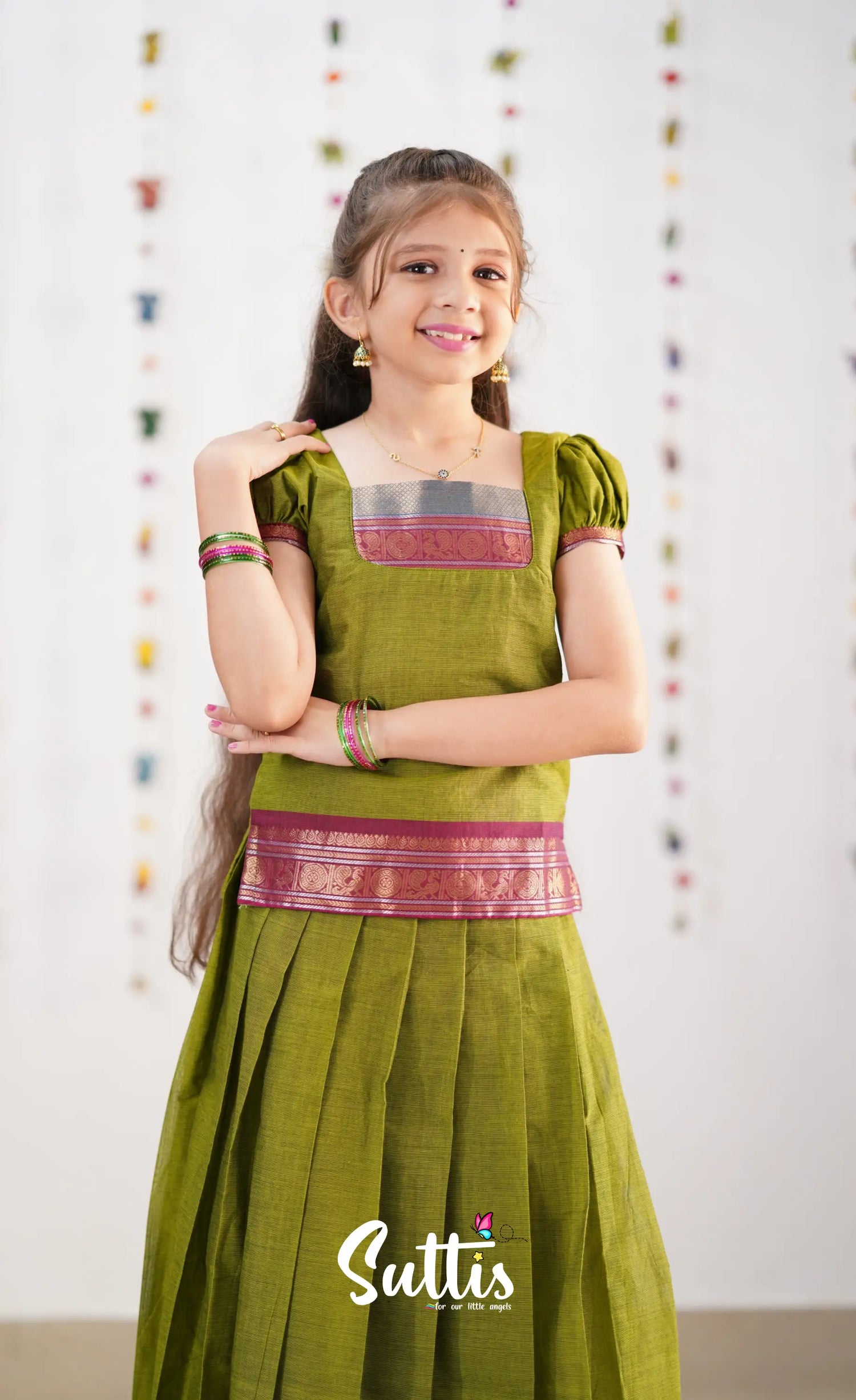 Cotton Pavadai Sattai - Green &amp; Magenta Kids-Suttis