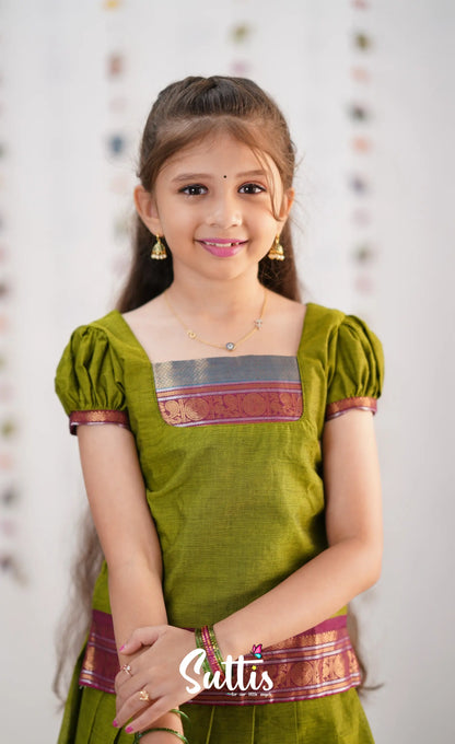 Cotton Pavadai Sattai - Green &amp; Magenta Kids-Suttis