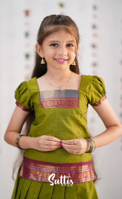 Cotton Pavadai Sattai - Green &amp; Magenta Kids-Suttis