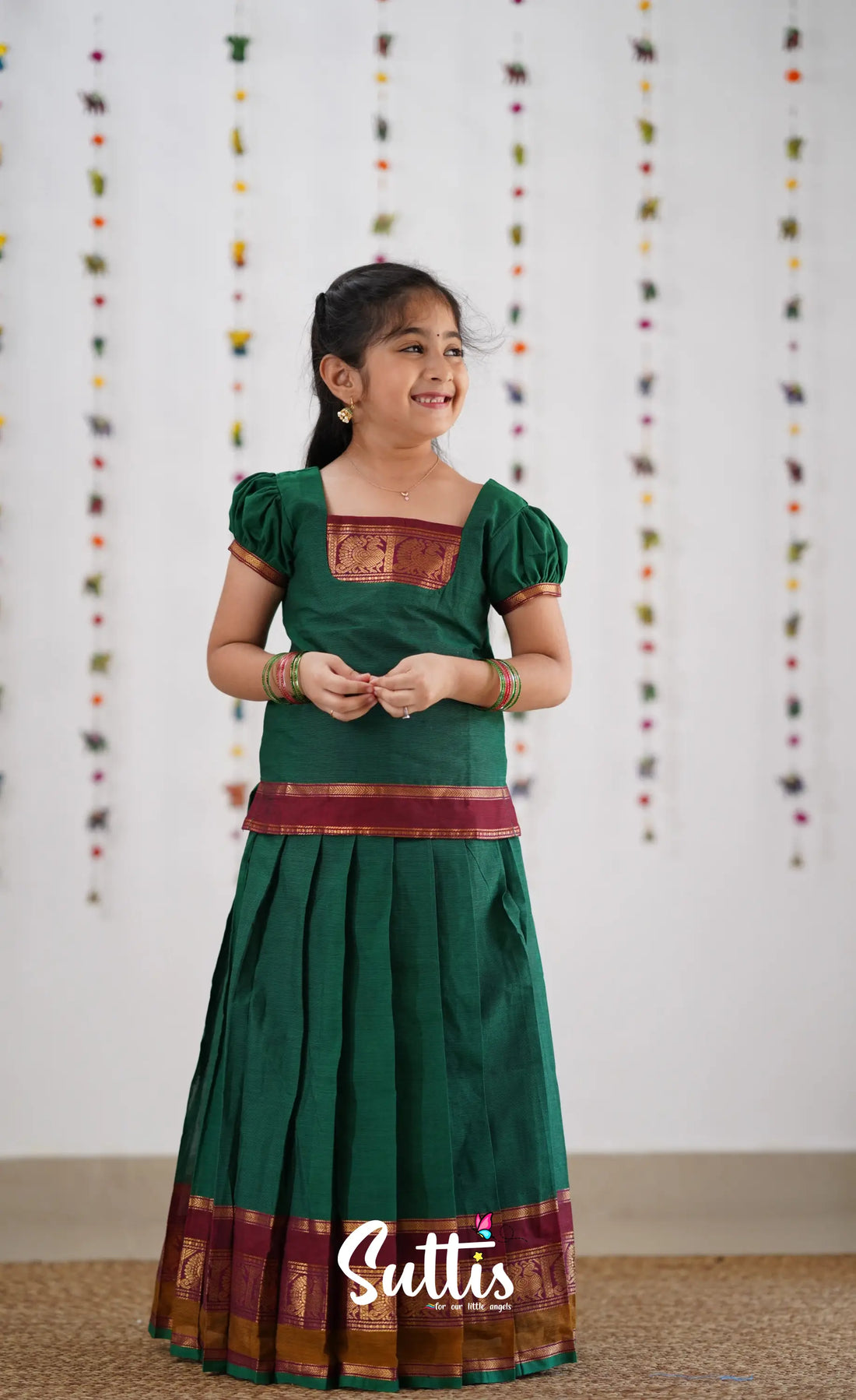 Cotton Pavadai Sattai - Green &amp; Reddish Maroon Kids-Suttis