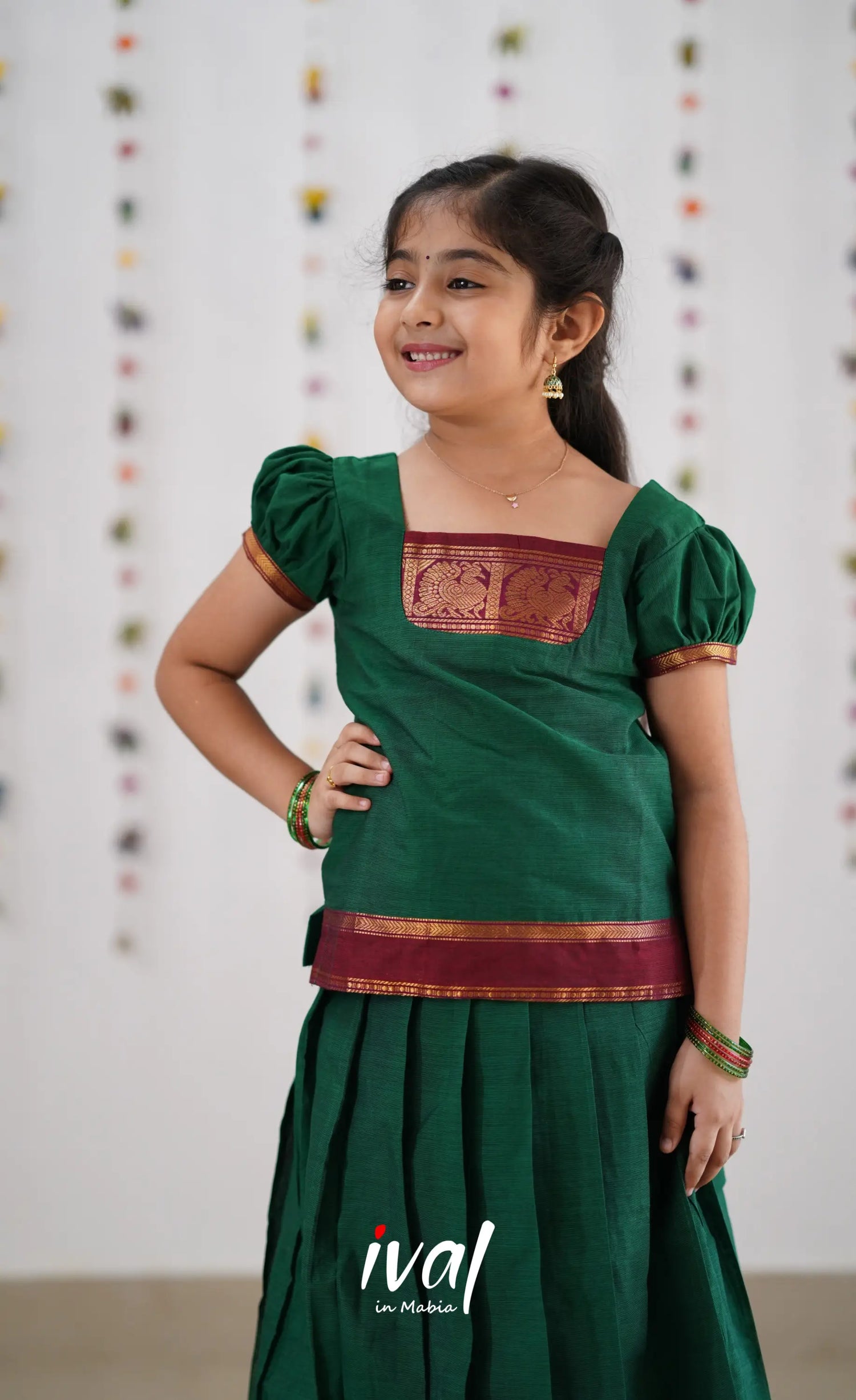 Cotton Pavadai Sattai - Green &amp; Reddish Maroon Kids-Suttis