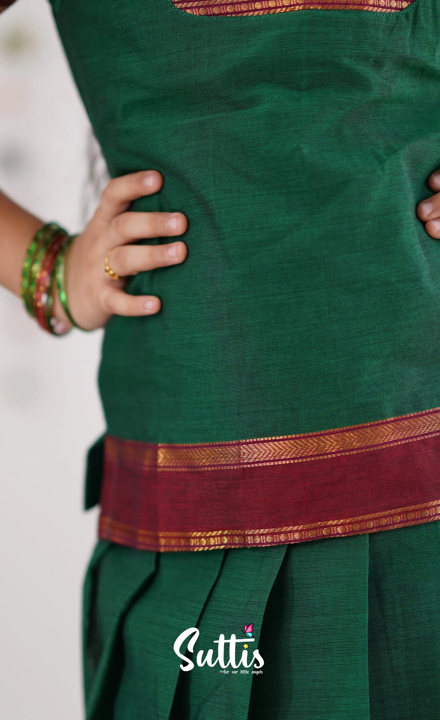 Cotton Pavadai Sattai - Green &amp; Reddish Maroon Kids-Suttis