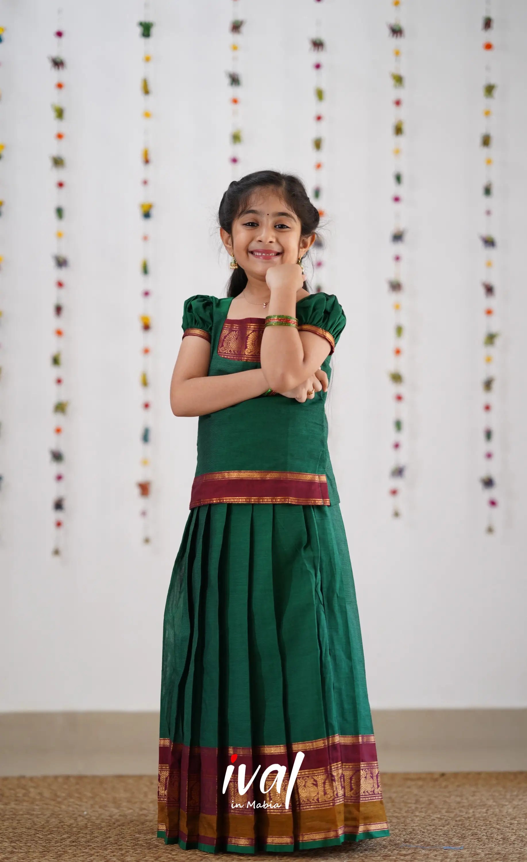 Cotton Pavadai Sattai - Green &amp; Reddish Maroon Kids-Suttis