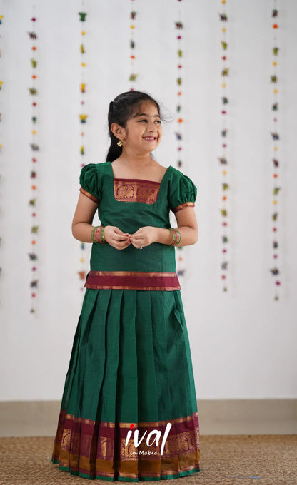 Cotton Pavadai Sattai - Green &amp; Reddish Maroon Kids-Suttis