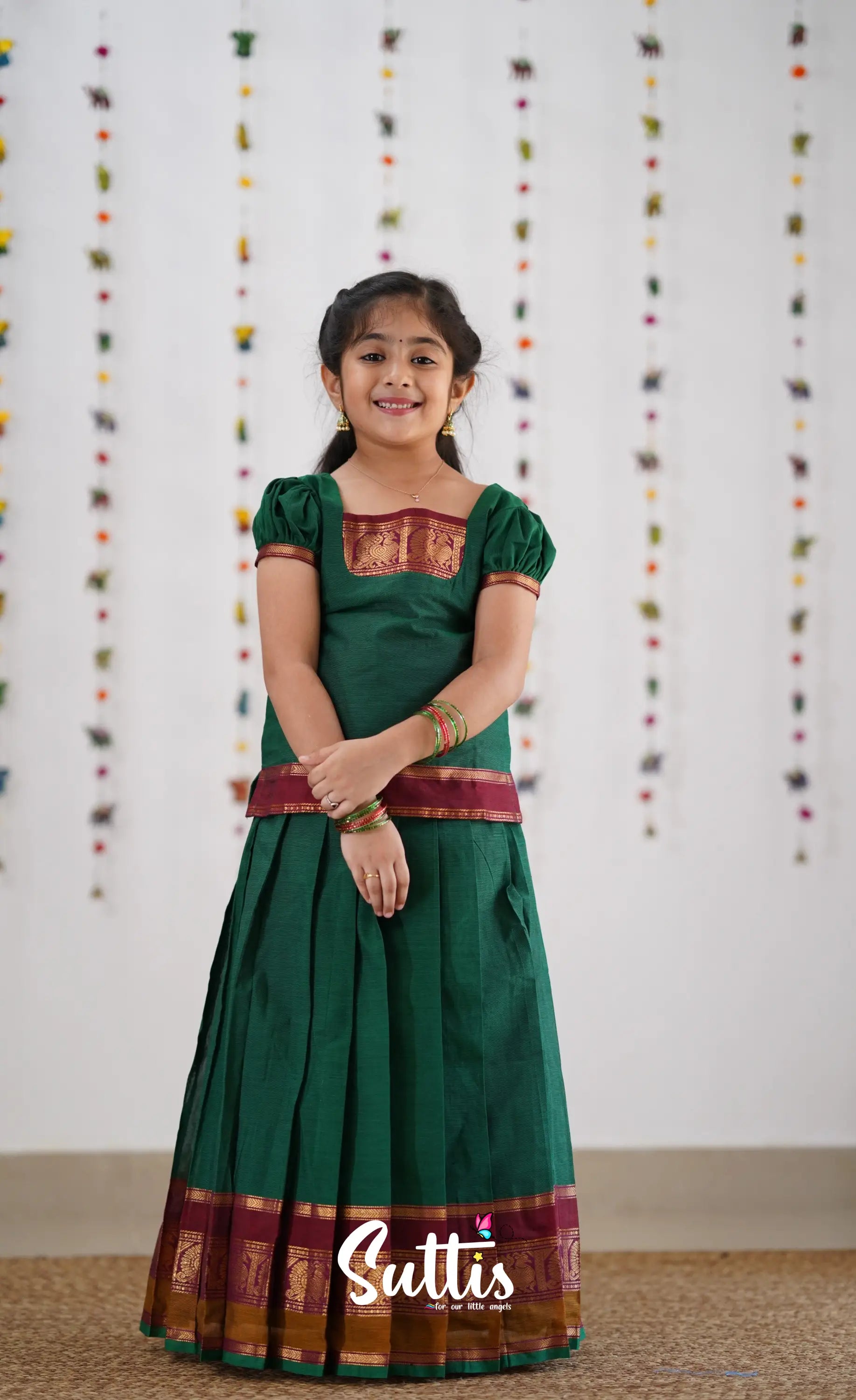 Cotton Pavadai Sattai - Green &amp; Reddish Maroon Kids-Suttis