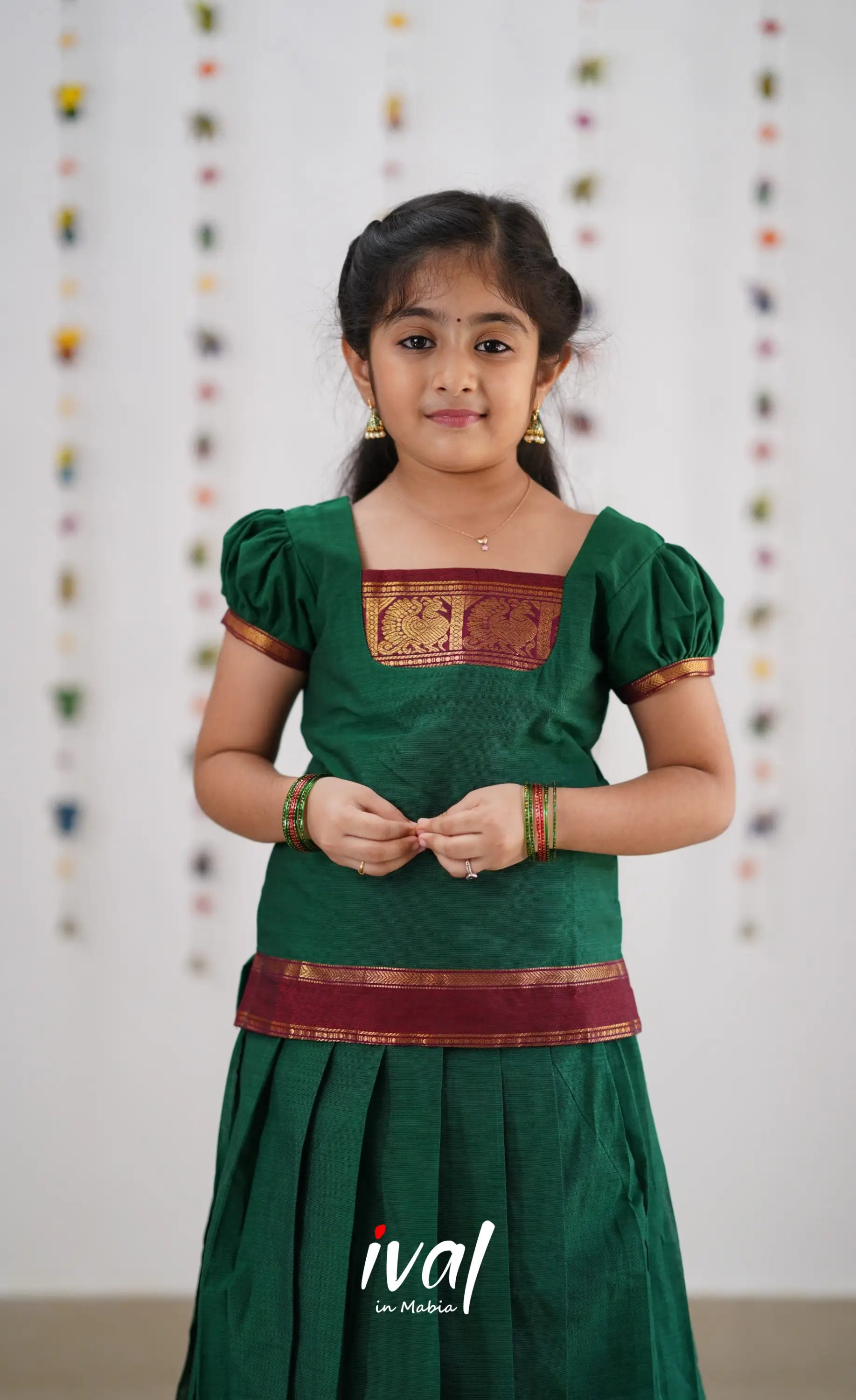 Cotton Pavadai Sattai - Green &amp; Reddish Maroon Kids-Suttis