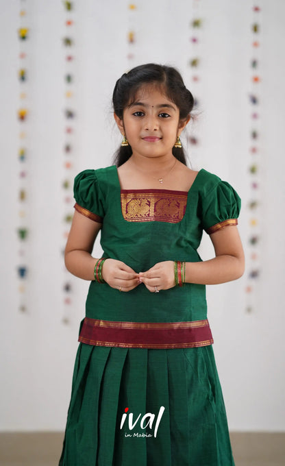 Cotton Pavadai Sattai - Green &amp; Reddish Maroon Kids-Suttis