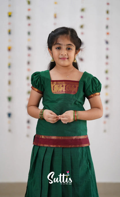 Cotton Pavadai Sattai - Green &amp; Reddish Maroon Kids-Suttis