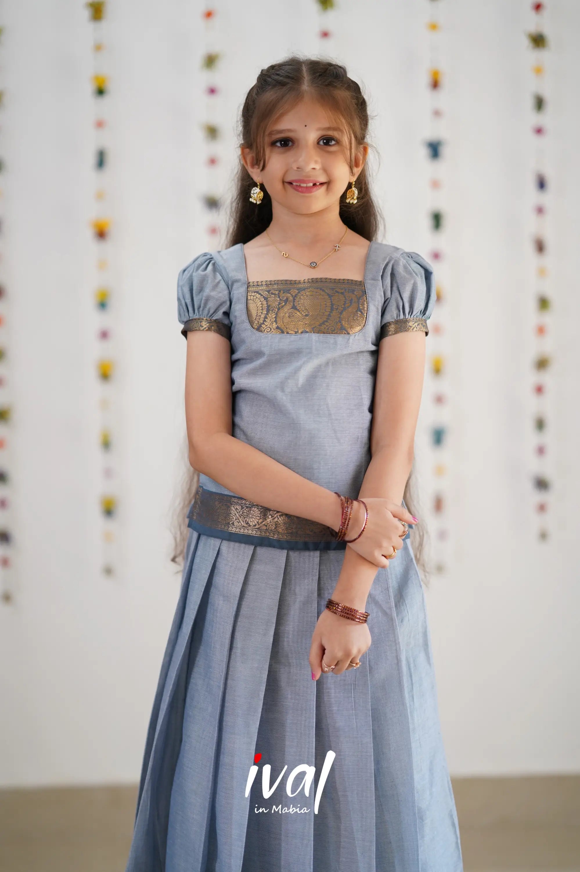 Cotton Pavadai Sattai - Grey &amp; Dark Peacock Blue Kids-Suttis