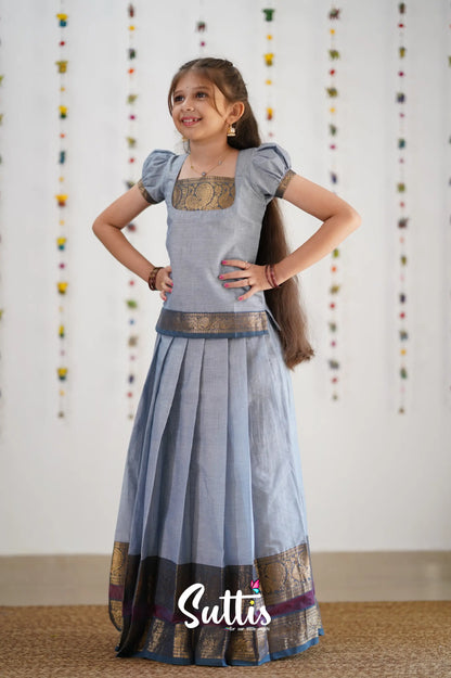 Cotton Pavadai Sattai - Grey &amp; Dark Peacock Blue Kids-Suttis