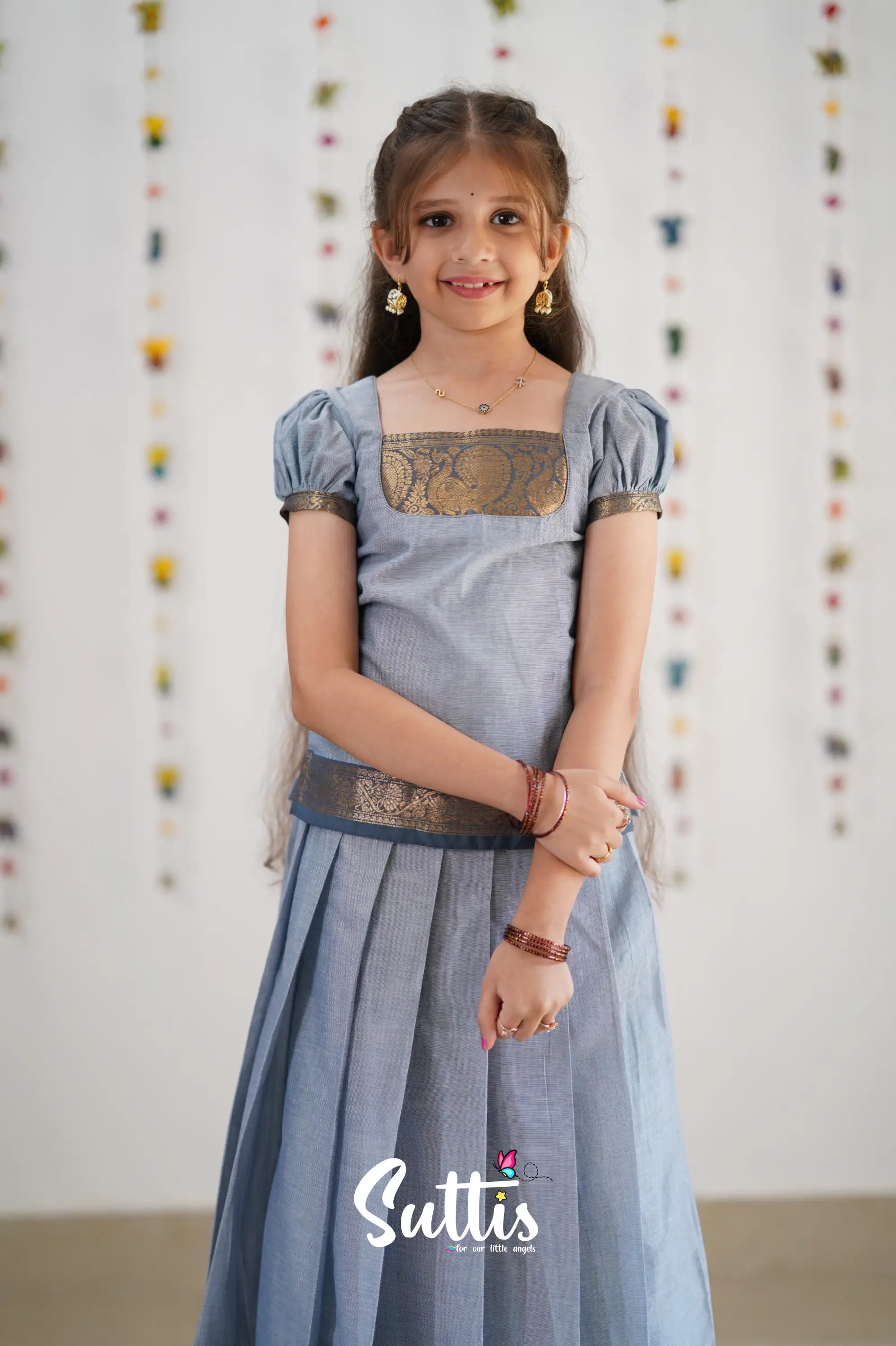 Cotton Pavadai Sattai - Grey &amp; Dark Peacock Blue Kids-Suttis