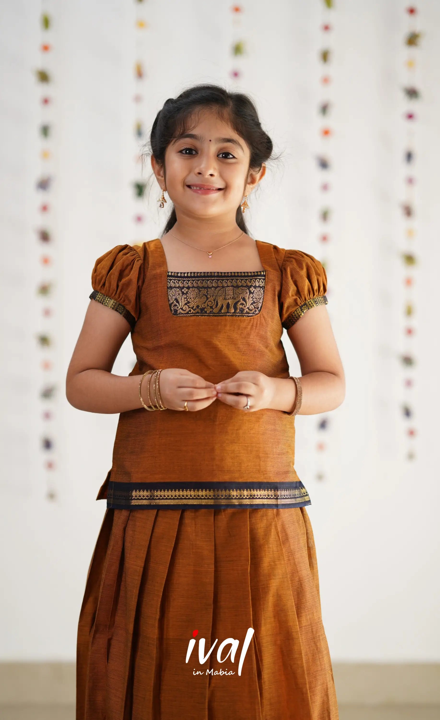 Cotton Pavadai Sattai - Light Brown &amp; Navy Blue Kids-Suttis