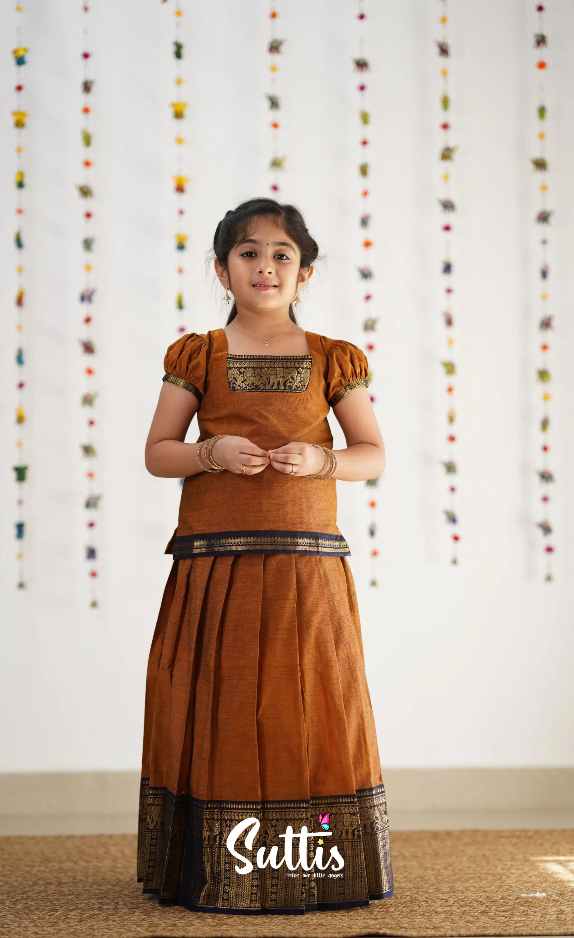 Cotton Pavadai Sattai - Light Brown &amp; Navy Blue Kids-Suttis